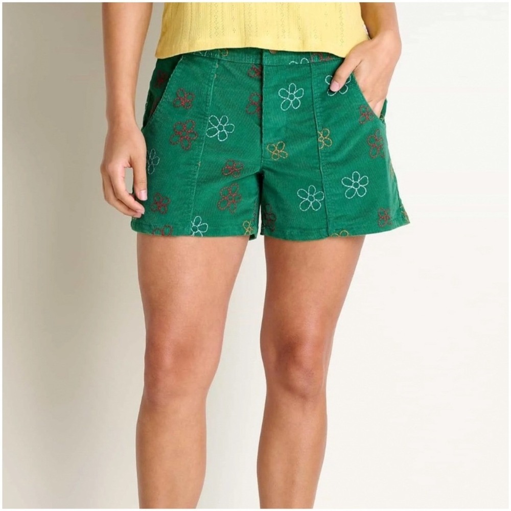 Toad&Co Coaster Cord Shorts Womens 6 Green Excellent Floral Embroidered Cotton
